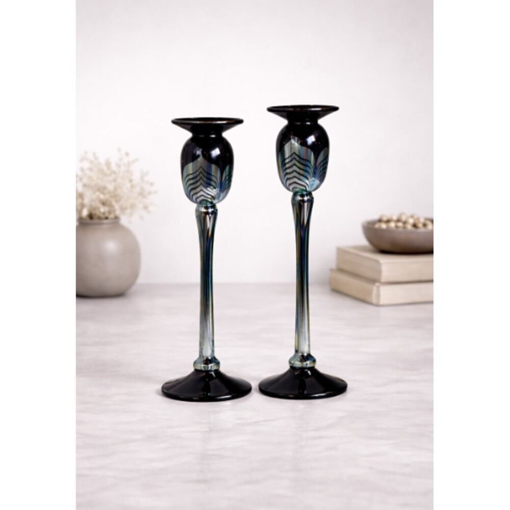 Signed Correia Art Glass Pulled Feather Candlesticks Pair 10” Vintage